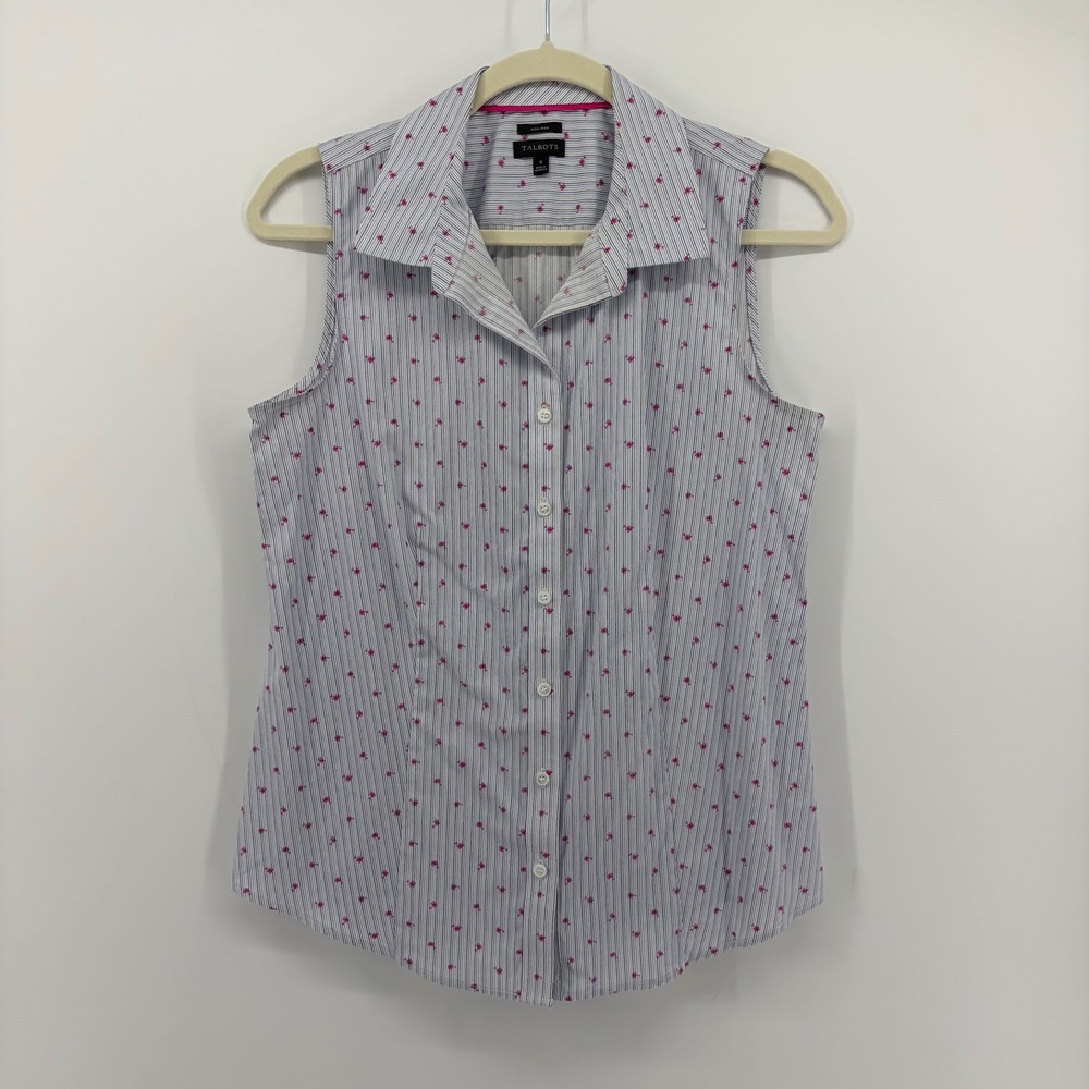 Talbots Womens 4 White Blue Striped Sleeveless Button Down Palm Tree Printed
